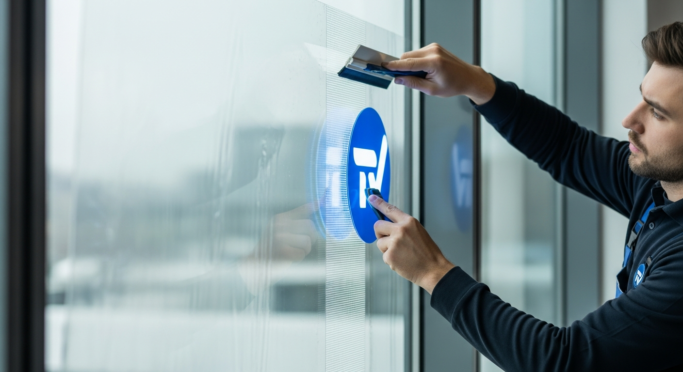 A technician from Digital film marketing applying a transparent LED film display to a modern glass storefront.