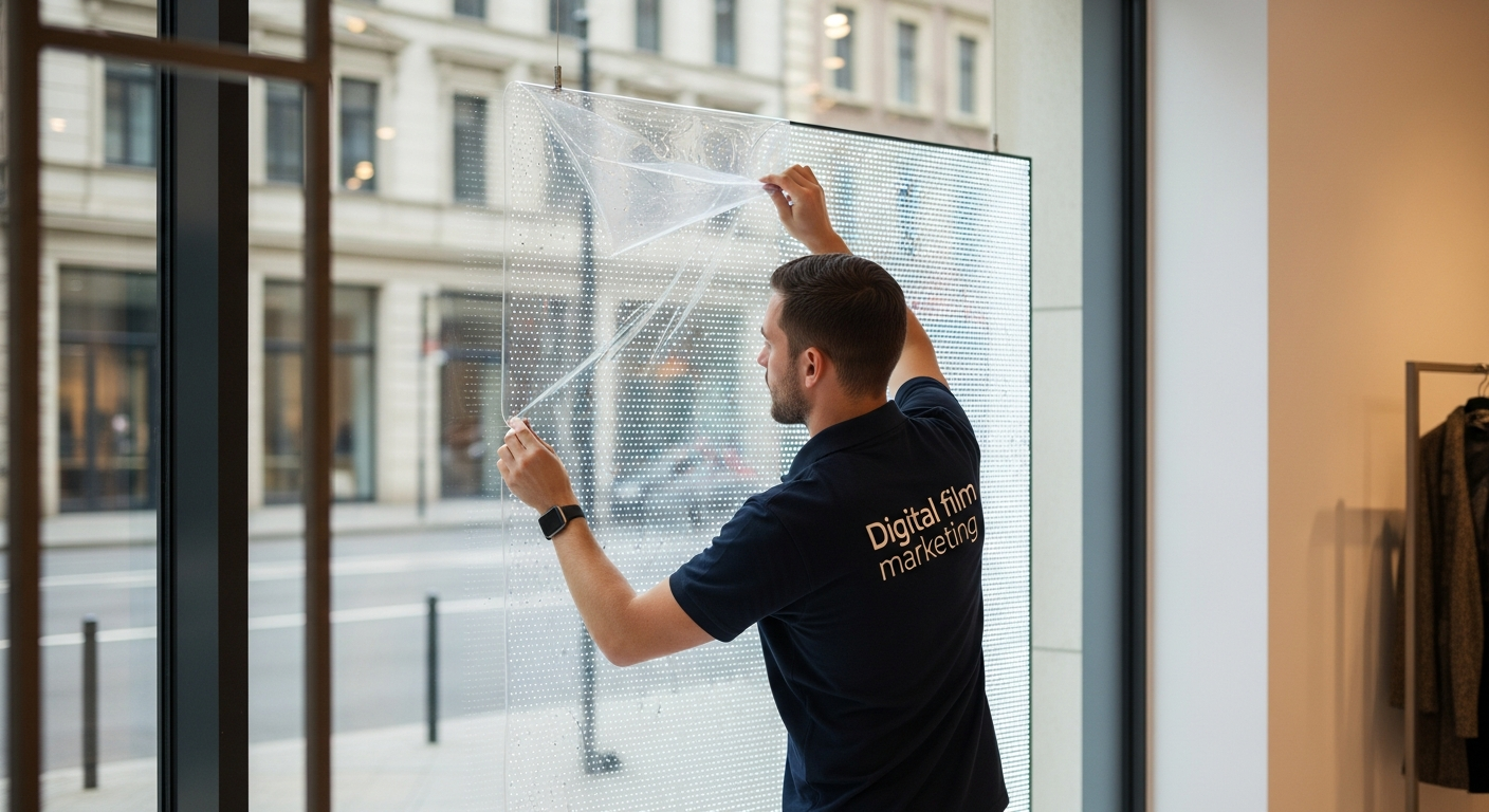 A professional technician from Digital film marketing carefully installing transparent led films onto a large office window.
