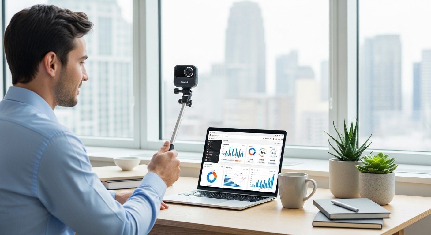 A digital marketing professional from Digital film marketing using an Insta360 X4 camera to create immersive content for a social media campaign.